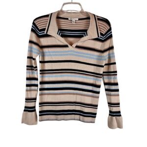 Cato Striped Ribbed Knit Polo Top Long Bell Sleeve V-Neck Sweater Tan Blue XL